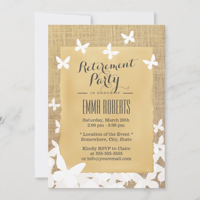 Invitation Papillons volants stylés Burlap Retraite (Devant)
