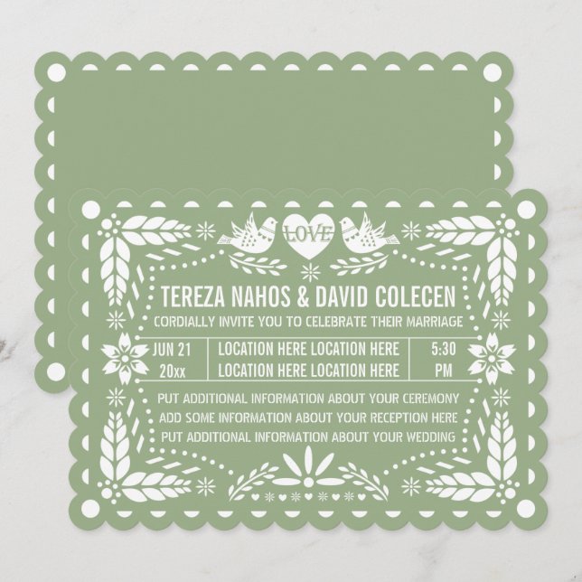 Invitation Pappel vert Sage picado inséparables mariage de la (Devant / Derrière)
