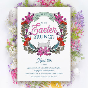 Invitation Pâques Brunch Aquarelle Couronne et lapin