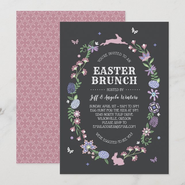 Invitation Pâques Brunch Folk Art Floral (Devant / Derrière)