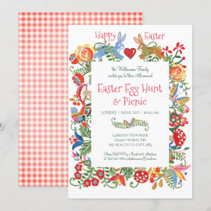 Invitation Pâques Folk Art lapin lapin rose En vichy chasse a