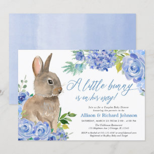 Invitation Pâques lapin bleu fleuri garçon couples baby showe