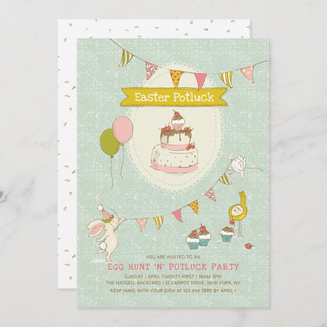 Invitation Pâques Potluck Oeuf chasse fête (Devant / Derrière)