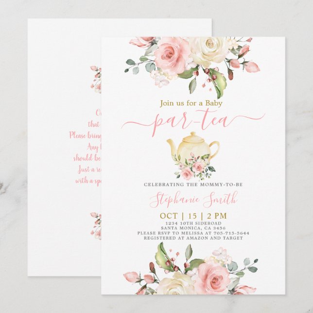 Invitation par thé Baby shower fille (Devant / Derrière)