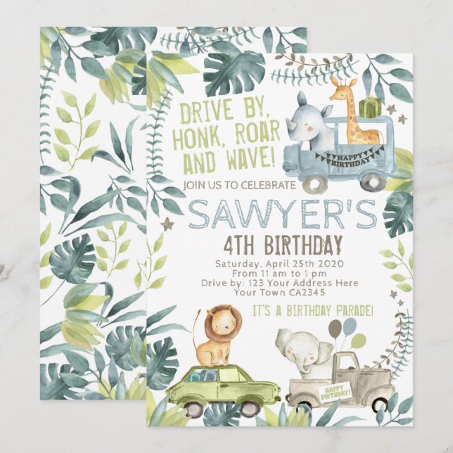Invitation Parade d'anniversaire de la jungle (Devant / Derrière)