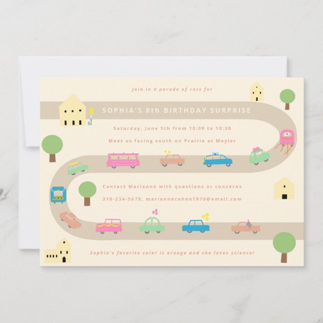 Invitation Parade d'anniversaire de voiture illustrée douce (Devant)