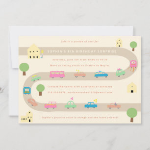 Invitation Parade d'anniversaire de voiture illustrée douce