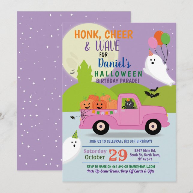 Invitation Parade D'Anniversaire Du Fantôme En Camion Rose (Devant / Derrière)