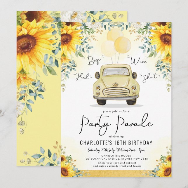 Invitation Parade de fête d'anniversaire de Sunflower Drive (Devant / Derrière)