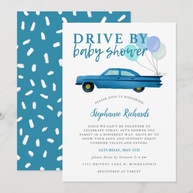 Invitation Parade En Voiture Bleue Baby shower (Devant / Derrière)