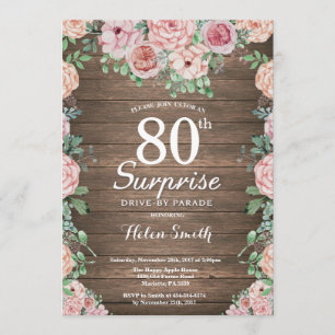 Invitation Parade Rustique Floral Pink Surprise 80th Drive-by