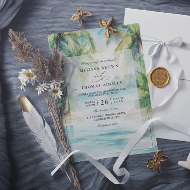 Invitation Paradise Palms Tropical Beach QR Code Wedding (Créateur téléchargé)