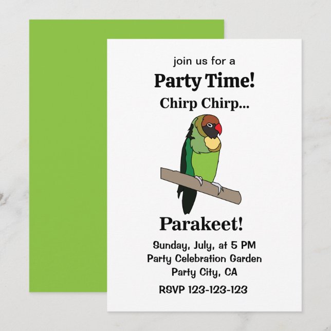 Invitation Parakeet Bird Funny Party (Devant / Derrière)
