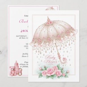 Invitation Parapluie Baby Shower Gouttes de pluie Roses roses