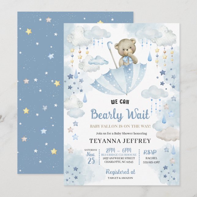 Invitation Parapluie bleu Teddy Bear Baby SprinkBaby shower (Devant / Derrière)