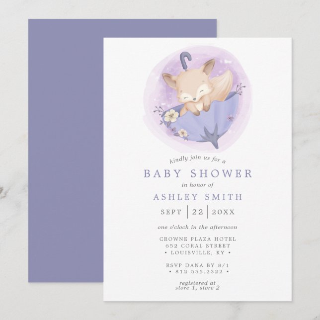 Invitation Parapluie de fleurs de renard de bois Baby shower  (Devant / Derrière)