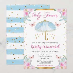 Invitation Parapluie de printemps bleu or à l'aquarelle Baby 