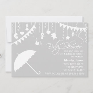 Invitation Parapluie gris et blanc baby shower moderne élégan