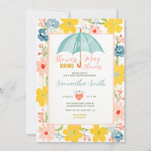 Invitation Parapluie Menthe Avril Pluie Bébé Fleur Florale