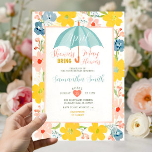 Invitation Parapluie Menthe Avril Pluie Bébé Fleur Florale