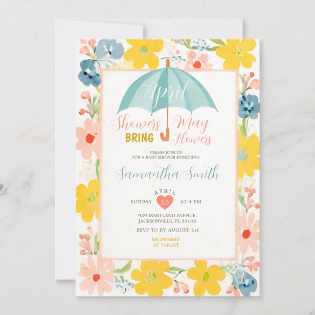 Invitation Parapluie Menthe Avril Pluies Floral Bébé Shower (Devant)