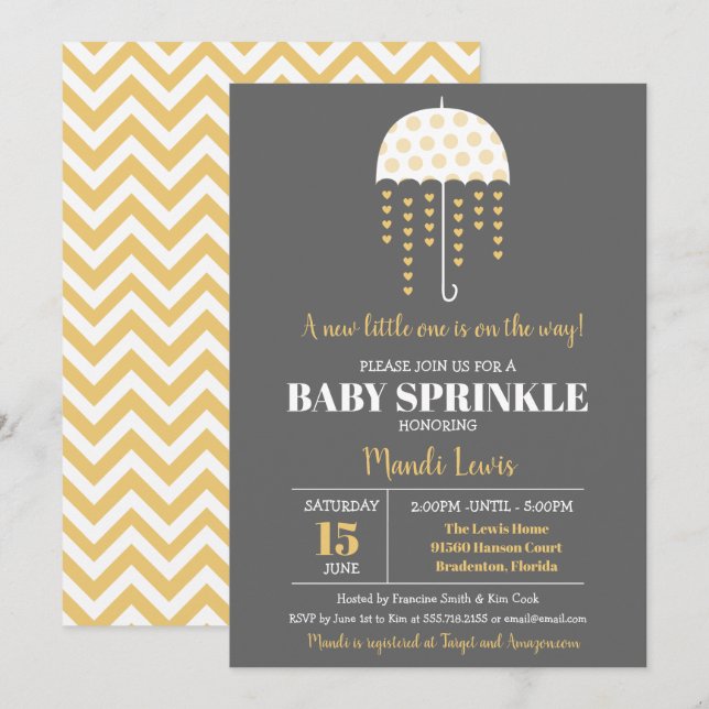 Invitation Parapluie mignonne Yellow Baby Sprinkel ou Baby sh (Devant / Derrière)