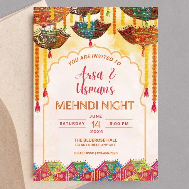 Invitation Parapluie orange Mehndi Haldi coloré modifiable (Créateur téléchargé)