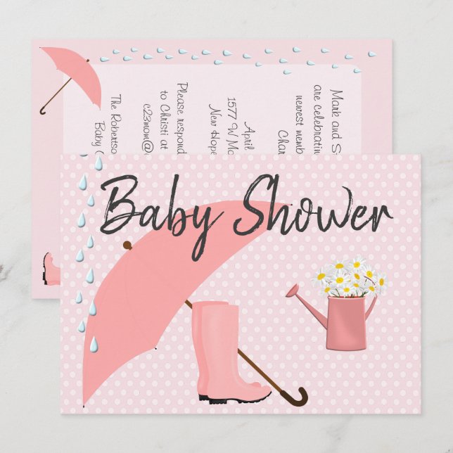 Invitation Parapluie rose baby shower et bottes de pluie (Devant / Derrière)