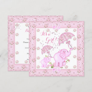 Invitation Parapluie Rose Éléphant Veau Baby Shower Fille 2