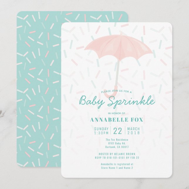 Invitation Parapluie rose Mint Baby Sprinkle Douche Invitatio (Devant / Derrière)