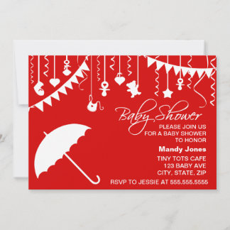 Invitation Parapluie rouge et blanc baby shower moderne éléga