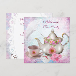 Invitation Parapluie Tea Party Pink Floral Teapot