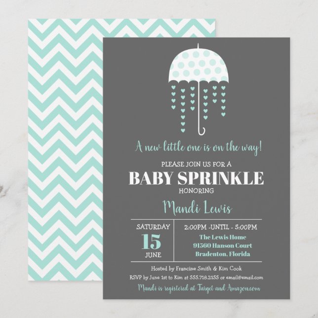 Invitation Parapluie Turquoise Parfum mignon ou Baby shower (Devant / Derrière)
