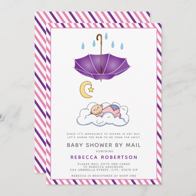 Invitation Parapluie violet, bébé endormi douche par mail (Devant / Derrière)