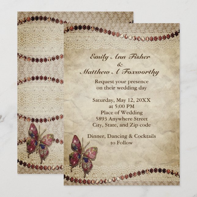 Invitation Parchemin antique, dentelle, perles et Mariage pap (Devant / Derrière)