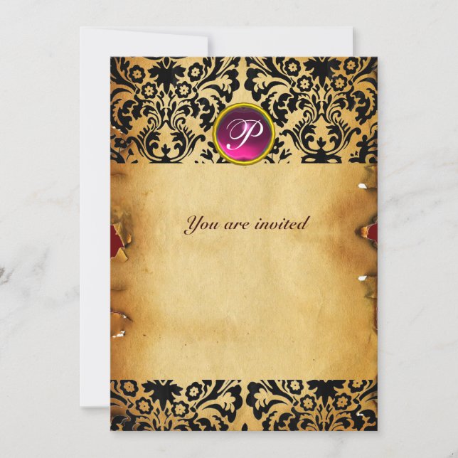 Invitation PARCHEMIN DAMASK GEMME INITIALES pourpre rose viol (Devant)