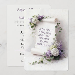 Invitation Parchemin de mariage blanc avec lilas et hydrangea