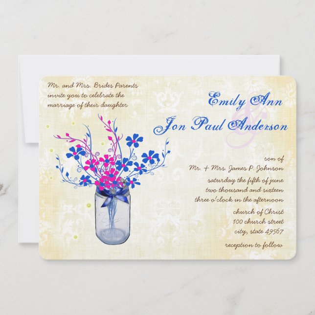 Invitation Parchemin rose et marine Fleur sauvage Mason Jar (Devant)