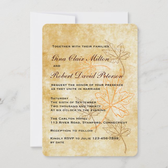 Invitation Parchment Orange Feuilles Brown Mariage de automne (Devant)