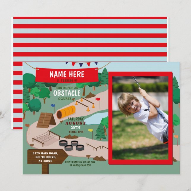 Invitation Parcours Obstacle Birthday Boys Photo Adventure Pa (Devant / Derrière)