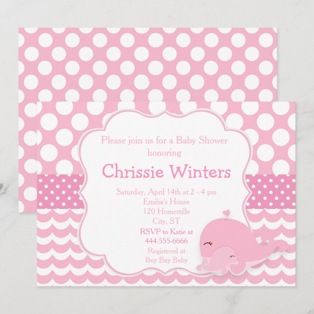 Invitation Parent mignonne et bébé baleine Baby shower fille  (Devant / Derrière)