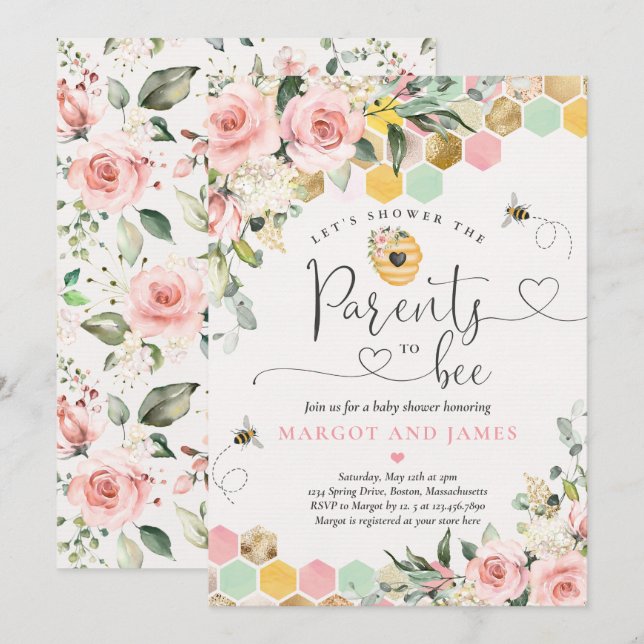 Invitation Parents À Avoir Verdure Baby shower rose et or (Devant / Derrière)