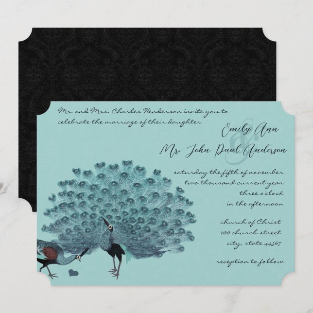 Invitation Parfait Paire Aqua Silver Peacock Élégance métalli (Devant / Derrière)