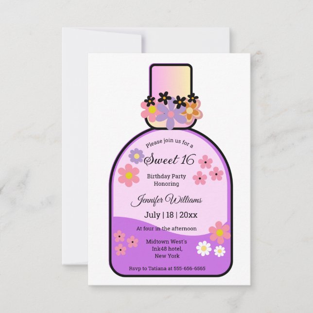 Invitation parfum rétro doux 16 parties scintillant roses flo (Devant)
