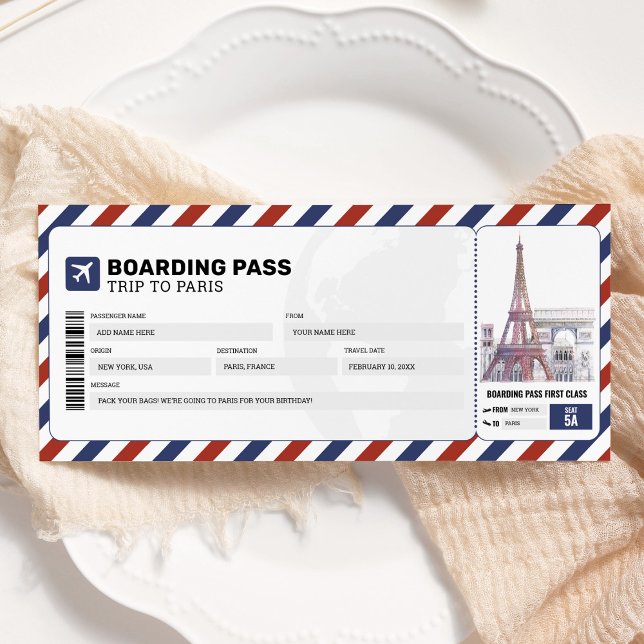 Invitation Paris Boarding Pass Voyage Avion Billet cadeau (Créateur téléchargé)