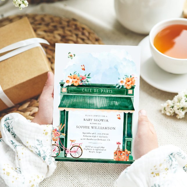 Invitation Paris Café Boulangerie Baby shower aquarelle (Créateur téléchargé)