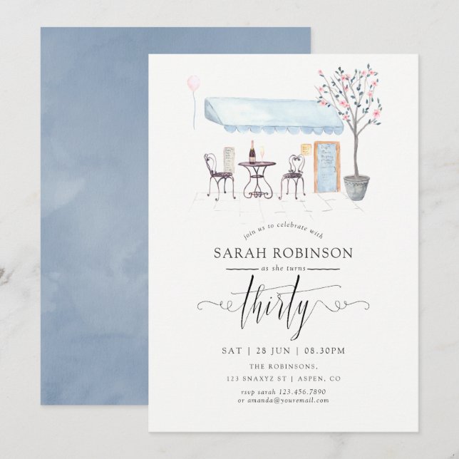 Invitation Paris Café Watercolor 30e fête d'anniversaire (Devant / Derrière)