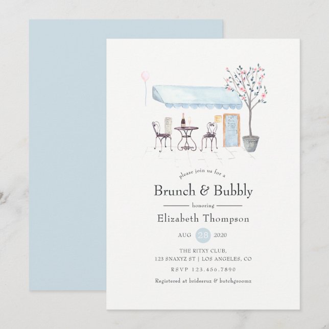 Invitation Paris Café Watercolor Brunch et Bubbly (Devant / Derrière)
