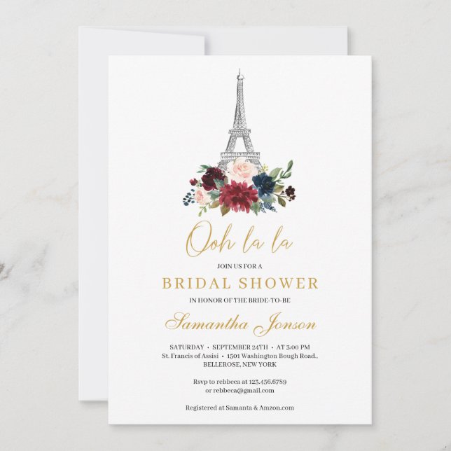 Invitation Paris eifel bouquet floral bordeaux nuptiale hiver (Devant)
