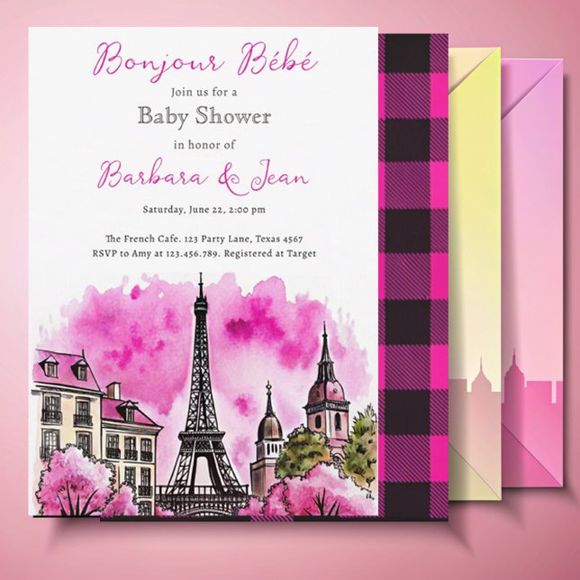 Invitation Paris Français Bonjour Bebe Baby shower noir rose (Créateur téléchargé)